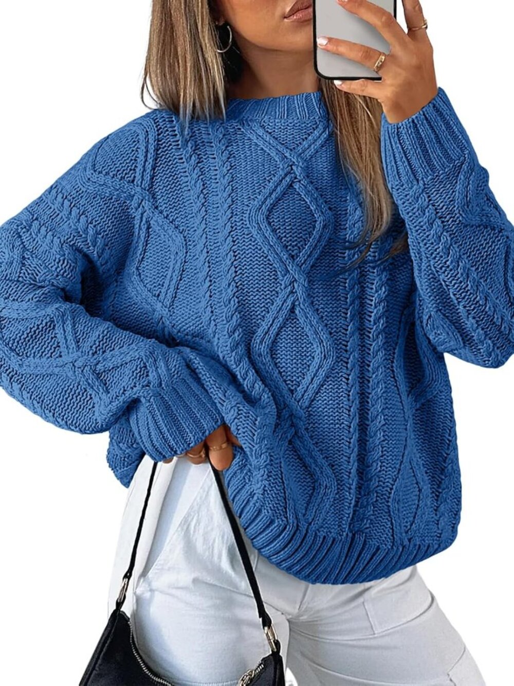 Women's Azure Blue Quiet Luxury Style Chunky Knit Texture Oversized Sweaters